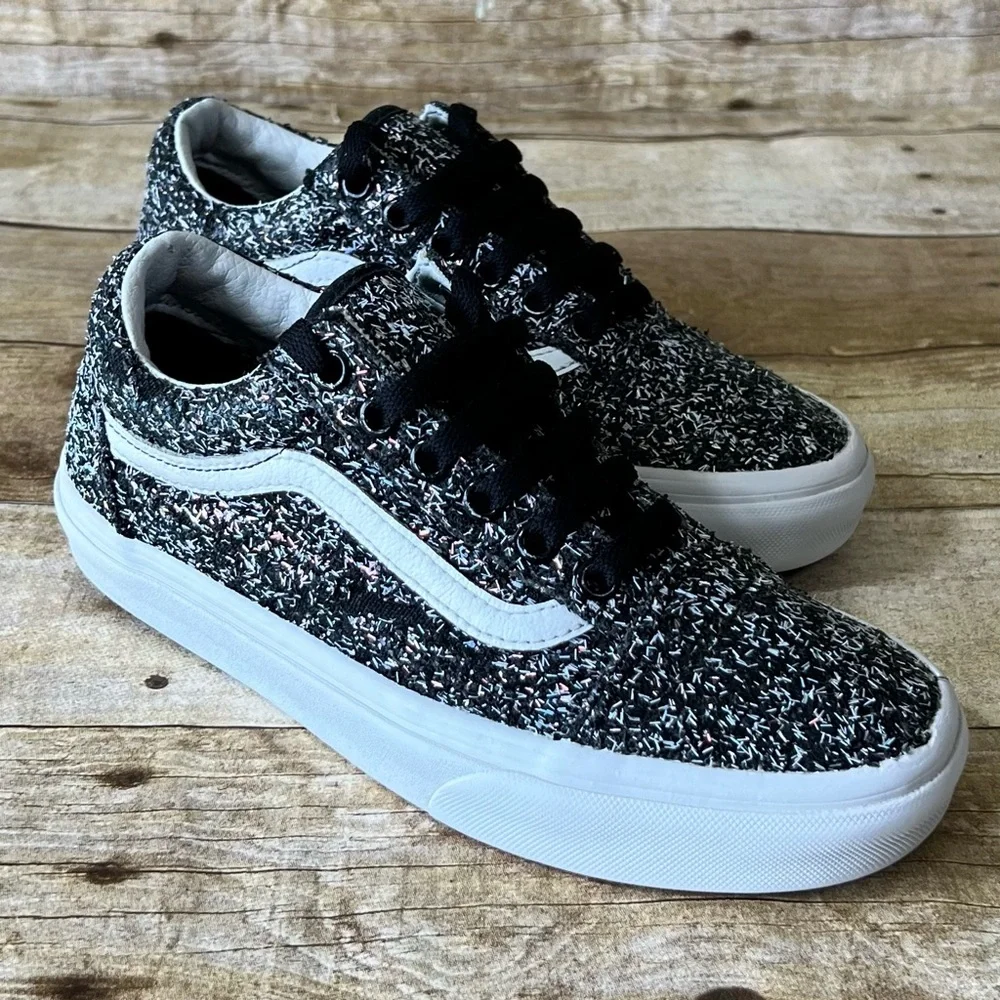 Vans Old Skool Kids Black White Glitter Textured Low Top Sneakers Shoes‎